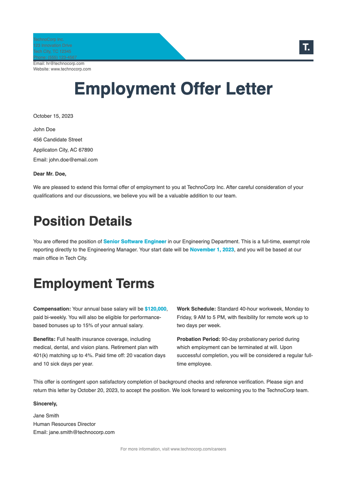 Professional job offer letter template with blue header and placeholder fields_variant_1
